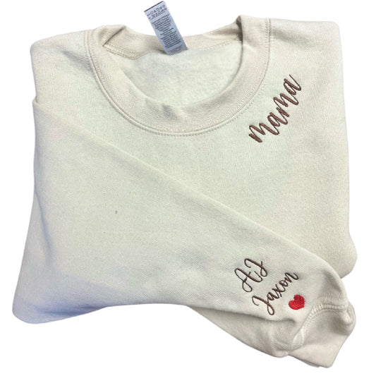 Mama Embroidered Sweatshirt, Custom Mama Shirt With Kids Names, Heart On Sleeve, Pregnancy Reveal Hoodie Gift For New Mom, Mother's Day Gift