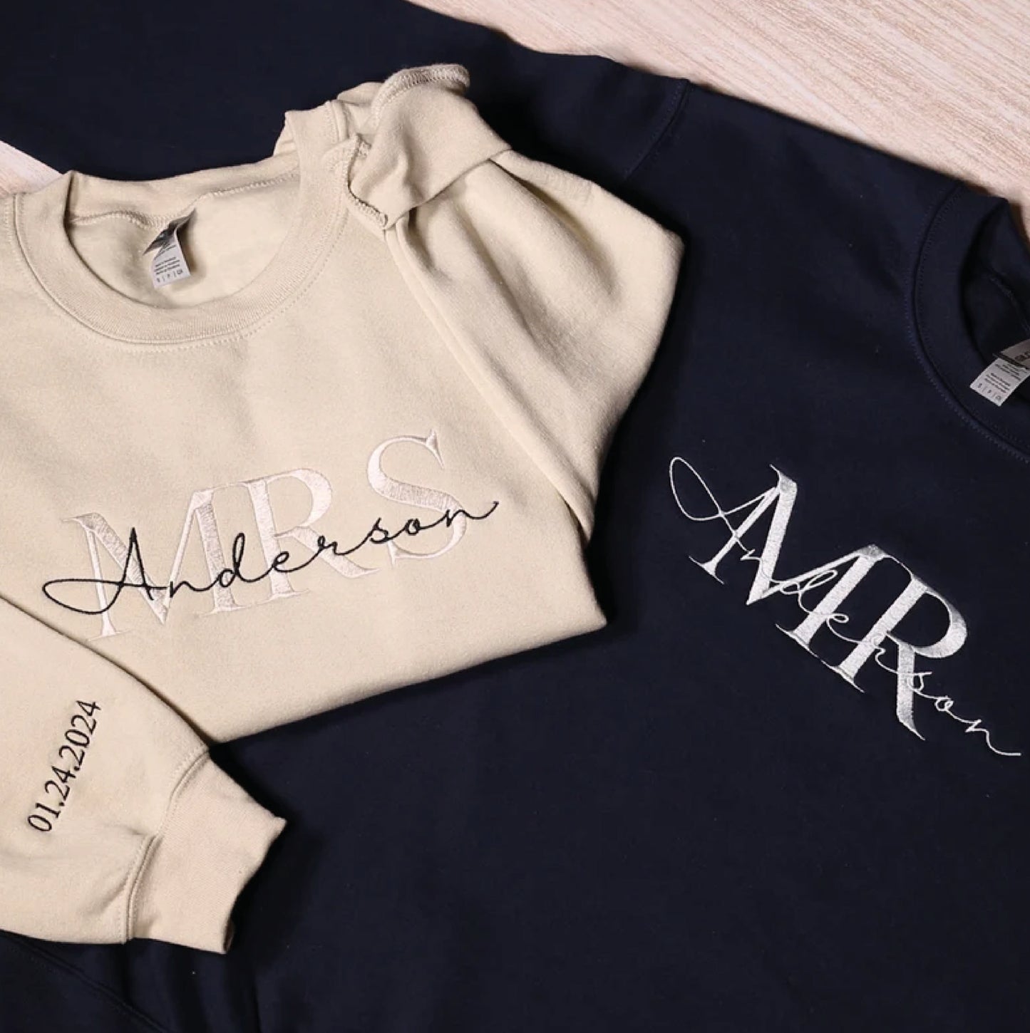 Custom Mr Mrs Embroidered Sweatshirt With Date On Sleeve, Personalized Wifey & Hubby Hoodie, Matching Couples Outfit, Bridal Shower Clothing