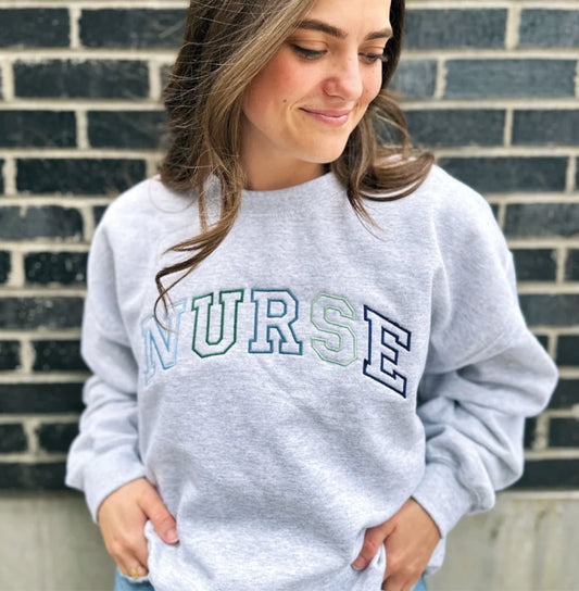 Blue-Green Embroidered NURSE Athletic Block Gemma Sweatshirt | Nurse Pullover Sweatshirt | Gift for Grad | New Nurse Gift | Nurse T-Shirt