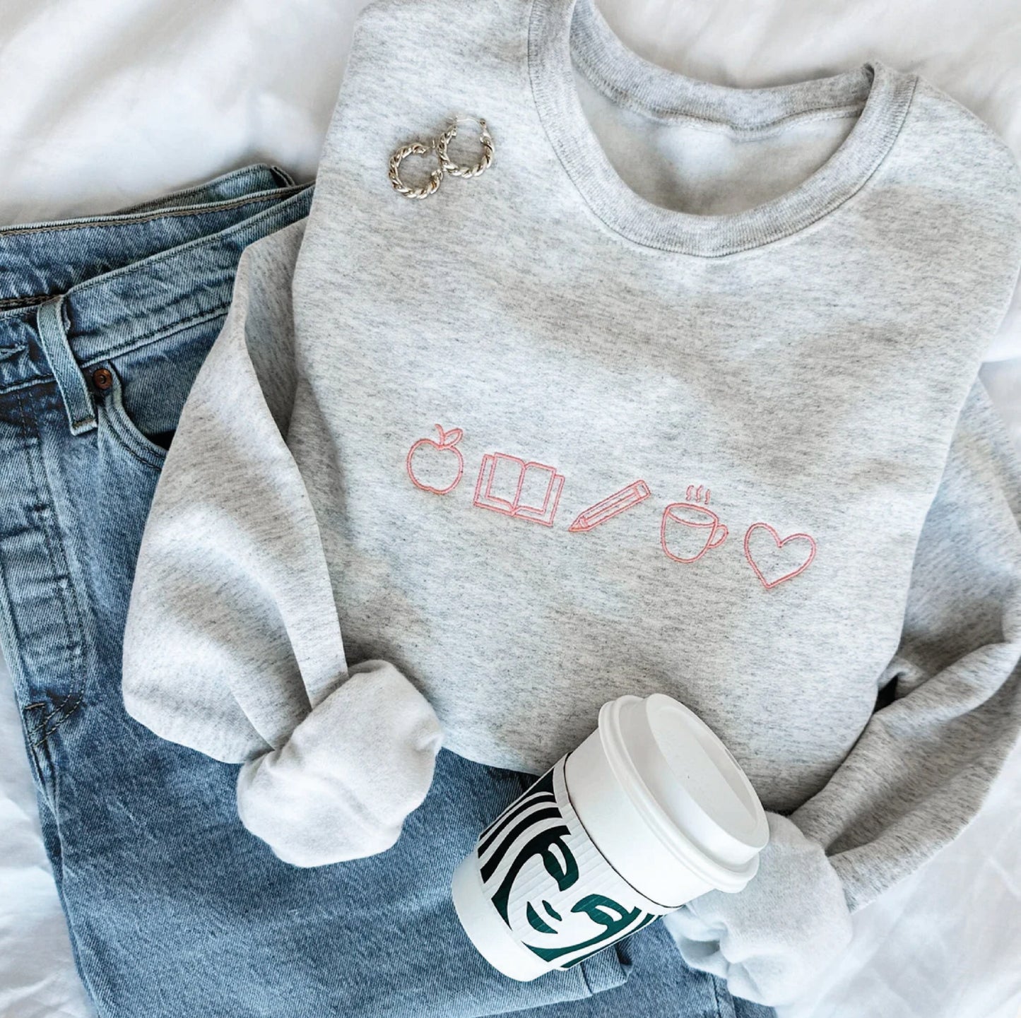 Embroidered Teacher Life Crewneck Sweatshirt with Cute Teacher Icons| Perfect Personalized Gift For Teachers Week | Teacher Life Top Gemma