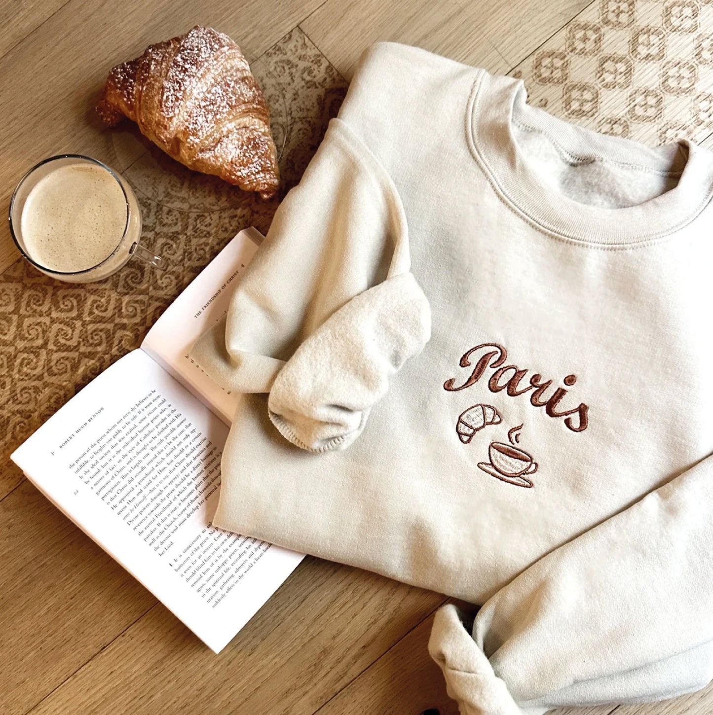 Embroidered Paris France Sweatshirt | French Croissant Sweatshirt | Souvenir Gift | Cappuccino Lover | Custom Embroidered Paris Sweatshirt