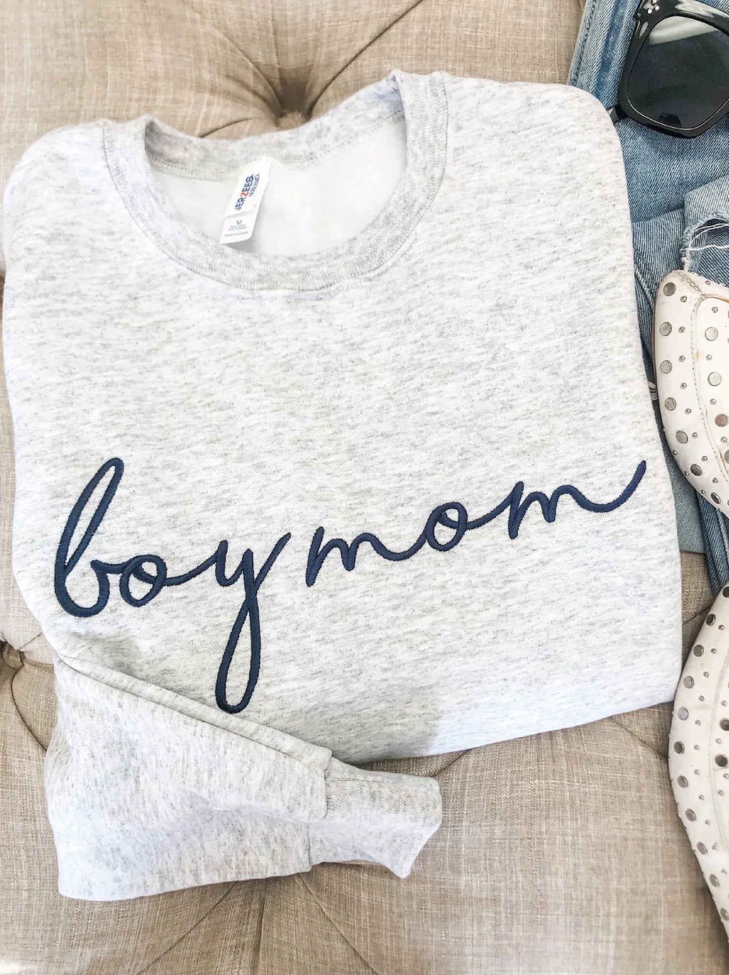 Boy Mom Embroidered Sweatshirt - Unisex Crewneck Pullover for Busy and Comfy Mom Life | Mother's Day Gift