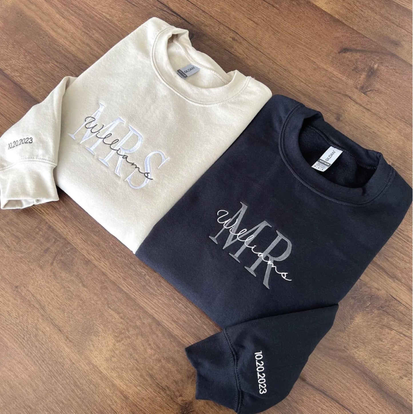Custom Mrs. Embroidered Sweatshirt, Date On Sleeve, Hubby Wifey, Gift For Bride, Future Mrs. and Mr. Hoodie, Engagement Gift, Bride To Be