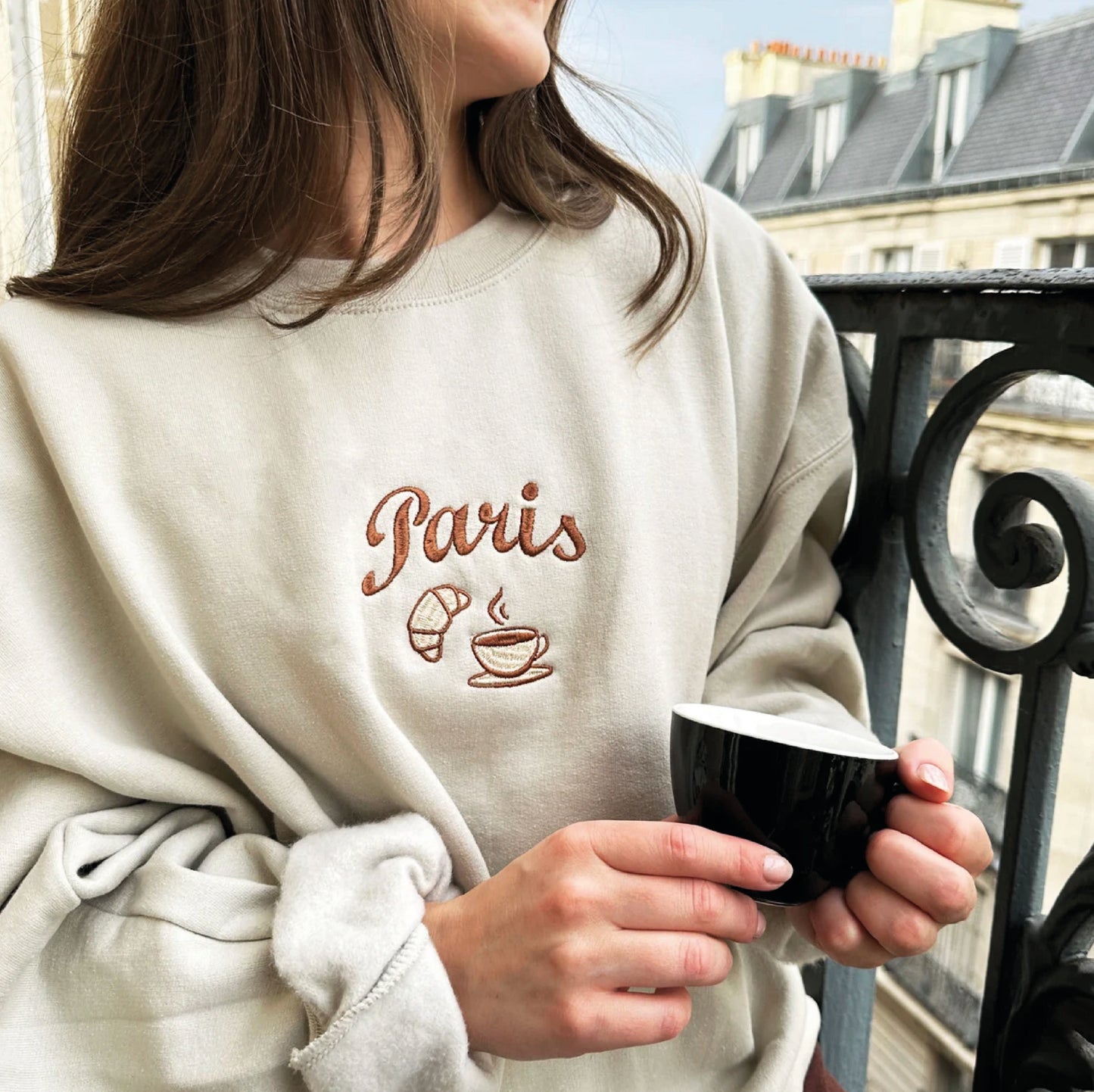 Embroidered Paris France Sweatshirt | French Croissant Sweatshirt | Souvenir Gift | Cappuccino Lover | Custom Embroidered Paris Sweatshirt