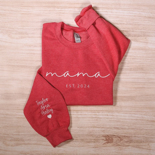 Custom Mama Embroidered Sweatshirt, Personalized Mom Hoodie With Kids Names Sleeve, Pregnancy Reveal Outfit, Birthday Gift, Mothers Day Gift