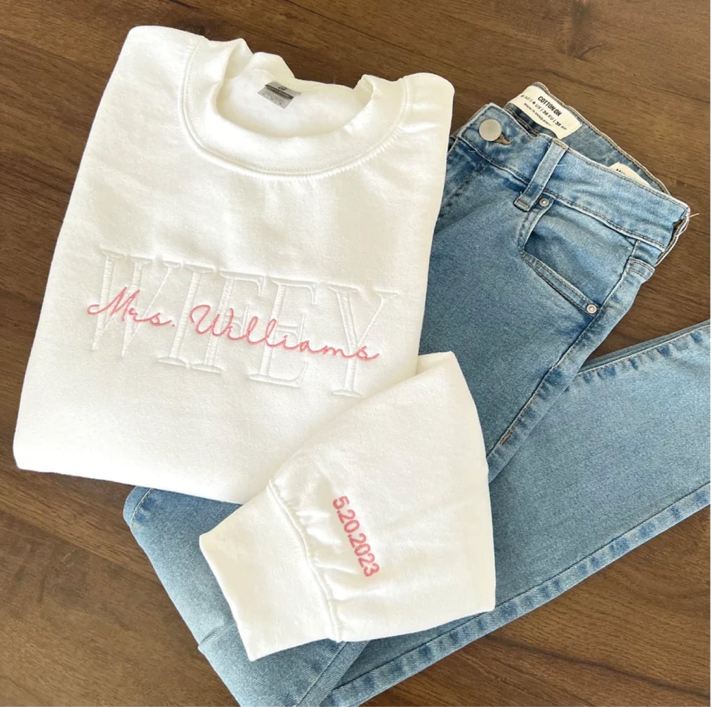 Custom Mrs. Embroidered Sweatshirt, Date On Sleeve, Hubby Wifey Shirt, Gift For Bride, Future Mrs Hoodie, Engagement Gift, Bride To Be