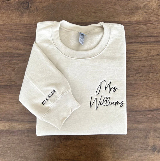 Custom Mrs. Embroidered Sweatshirt, Date On Sleeve, Personalized Gift for Bride, Wife Shirt, Future Mrs Hoodie, Engagement Gift, Bride To Be