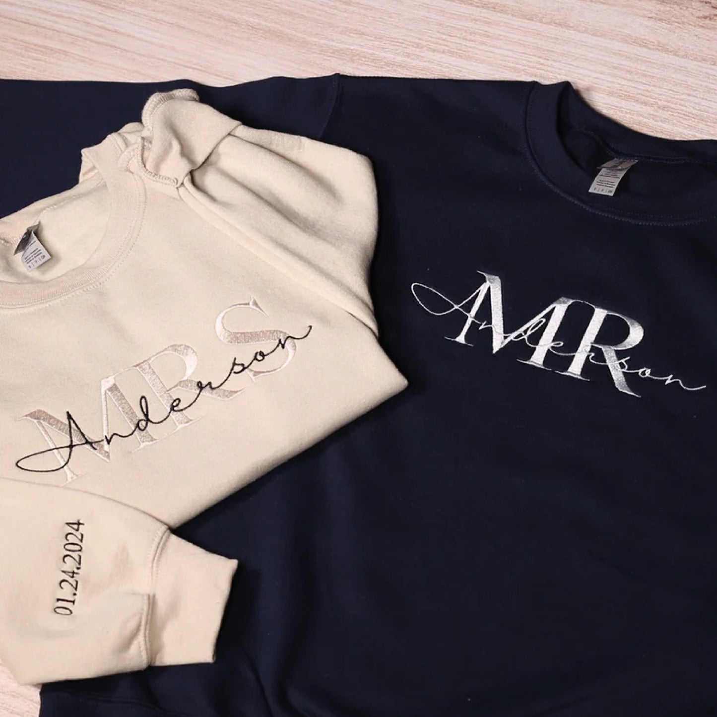 Custom Mr Mrs Embroidered Sweatshirt With Date On Sleeve, Personalized Wifey & Hubby Hoodie, Matching Couples Outfit, Bridal Shower Clothing