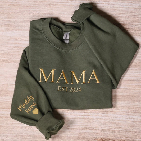 Custom Mama Embroidered Sweatshirt, Personalized Mom Hoodie With Kids Names Sleeve, Pregnancy Reveal Outfit, Birthday Gift, Mothers Day Gift (Kopya)