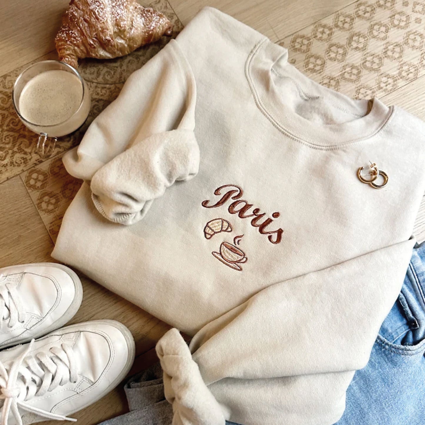 Embroidered Paris France Sweatshirt | French Croissant Sweatshirt | Souvenir Gift | Cappuccino Lover | Custom Embroidered Paris Sweatshirt